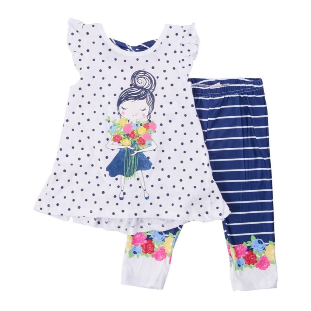 Girl’s Dot Print Top Flowers Striped Leggings Set